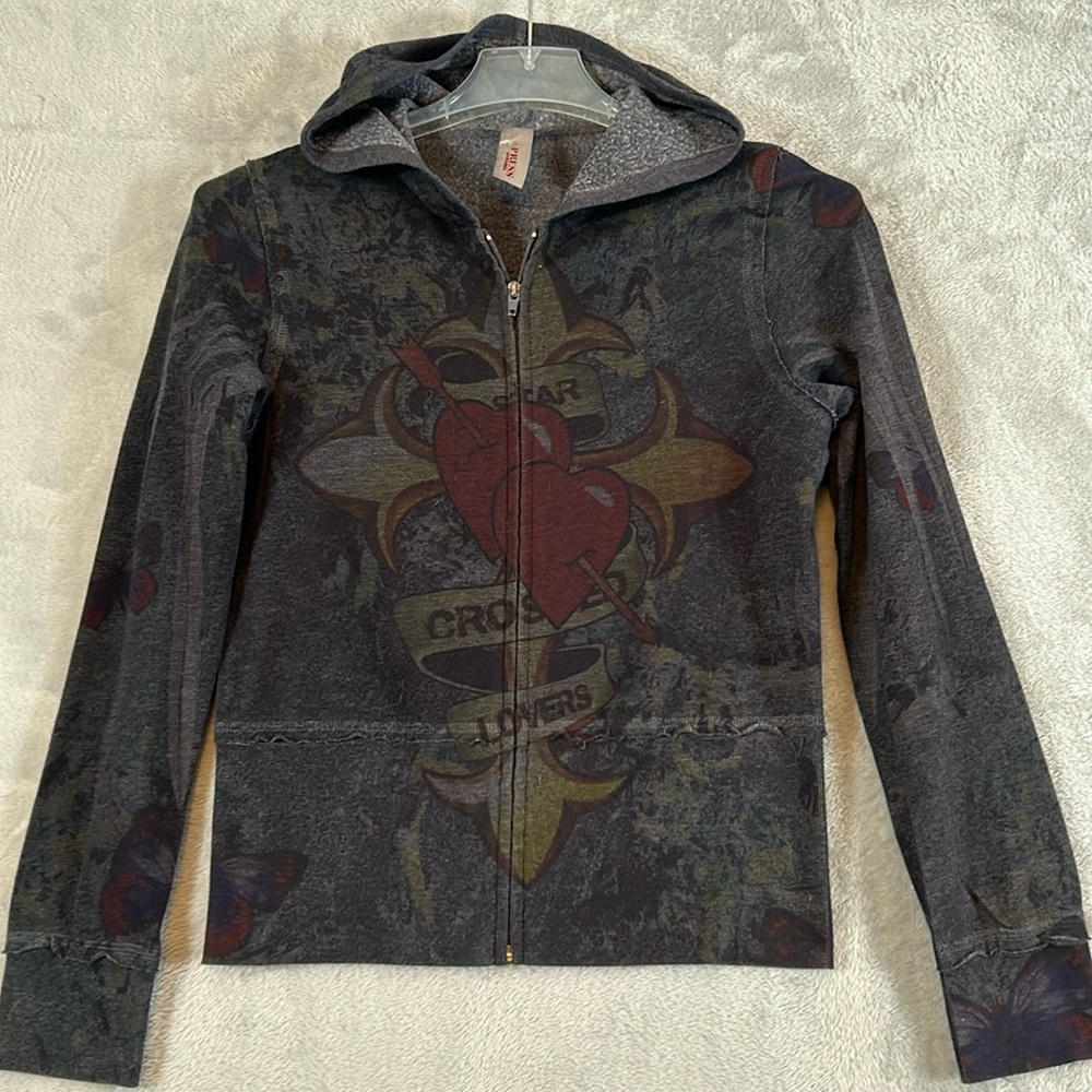 Tattoo print graphic, long sleeve front zip hoodie size M